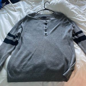 COPY - American Eagle Gray Varsity stripe henley pullover ribbed sweater